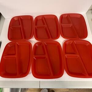 Set of 6 Red Plastic 3-Compartment Divided Plates